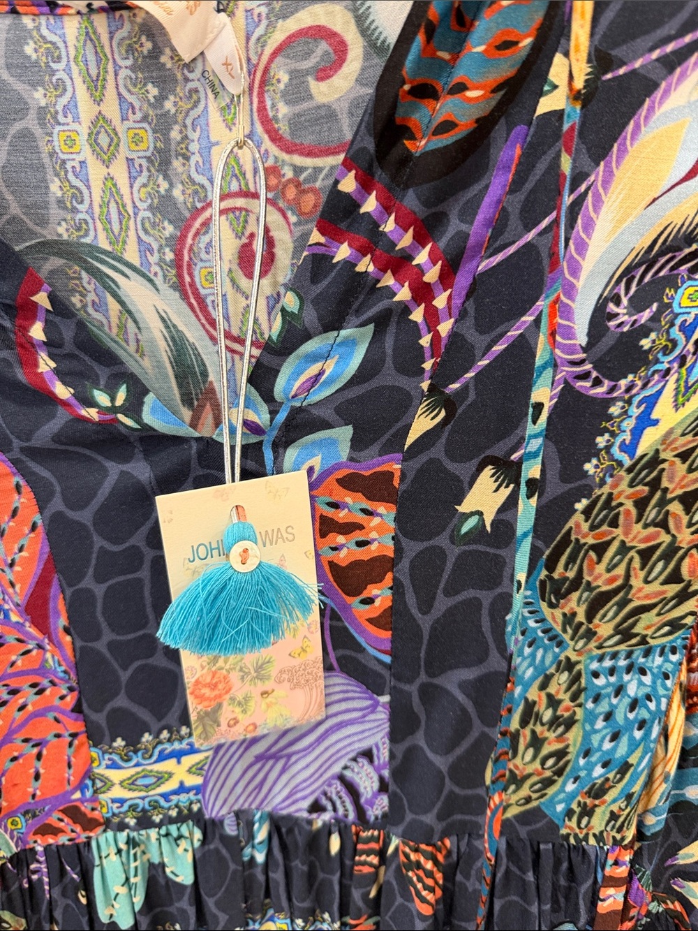 Johnny Was Navy Multicolor Floral-Paisley V-Neck Tunic. Silk. NWT - Picture 3 of 8